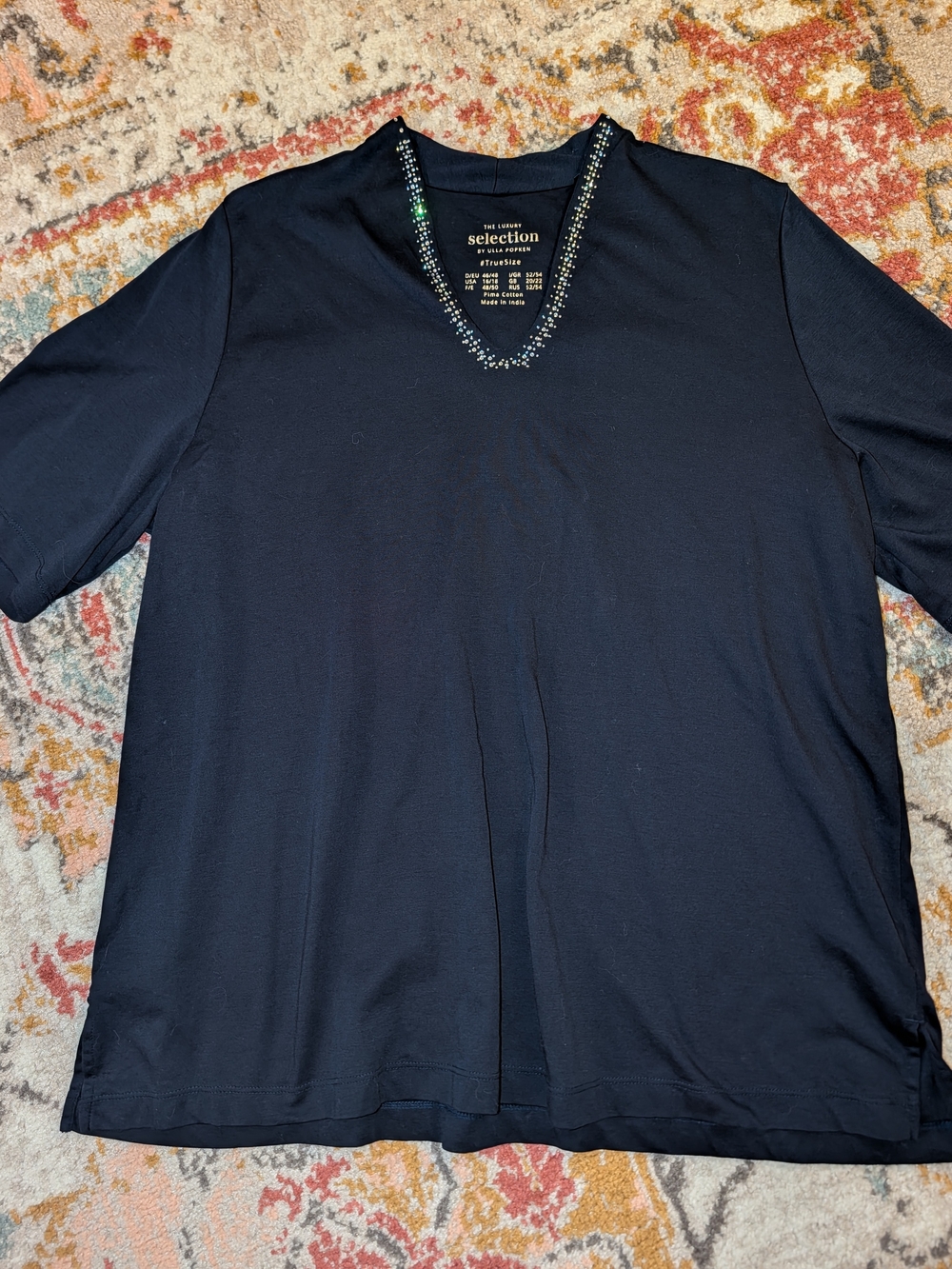 Ulla Popken Women's Navy Blue Tunic Shirt BeadTrim The Luxury Selection Top